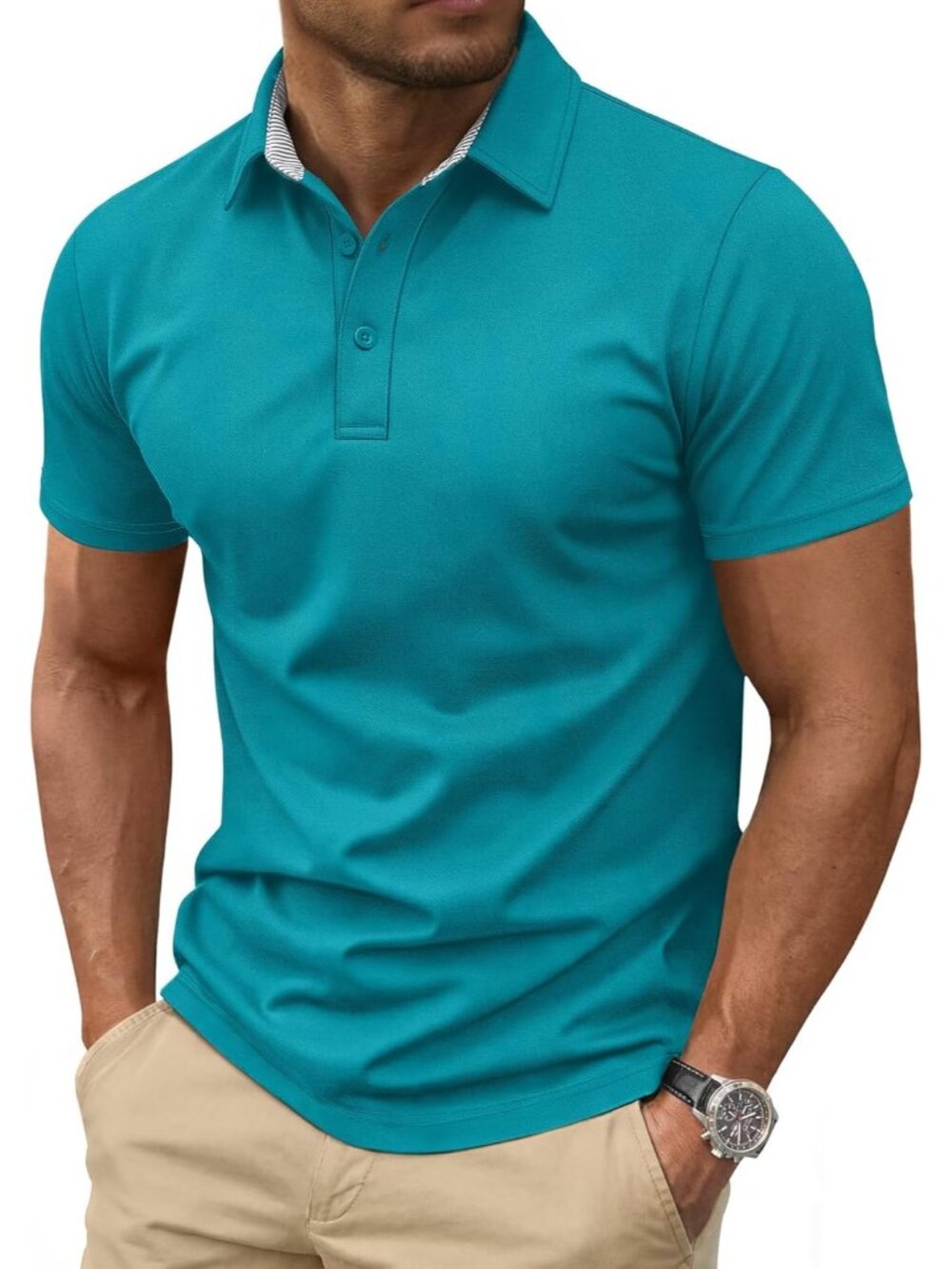 Men's Blue Green Cotton Pique Polo Shirt Short Sleeve 3 Button Classic Fit Golf